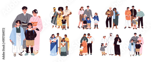 Families of different cultures set. Diverse parents with their children. Muslim, Mexican, Indian, Japanese and Chinese mothers and fathers with kids. Flat isolated vector illustrations on white