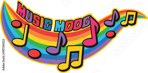 Music mood Y2K funky sticker or patch. Music radio record Y2K patch, audio concert sound groovy vector tag. Musical festival melody funky sticker or label with notes on rainbow and funky typography