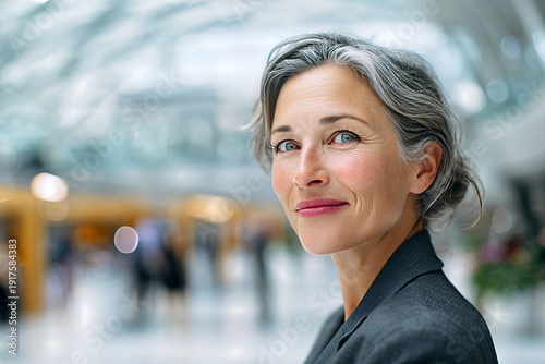 Mature businesswoman with silver - streaked hair in a low chignon, smiling over her shoulder in a bright glass - roofed office atrium Free Download Mature businesswoman with silver - streaked hair in a low chignon, smiling over her shoulder in a bright glass - roofed office atrium - GFXLoad