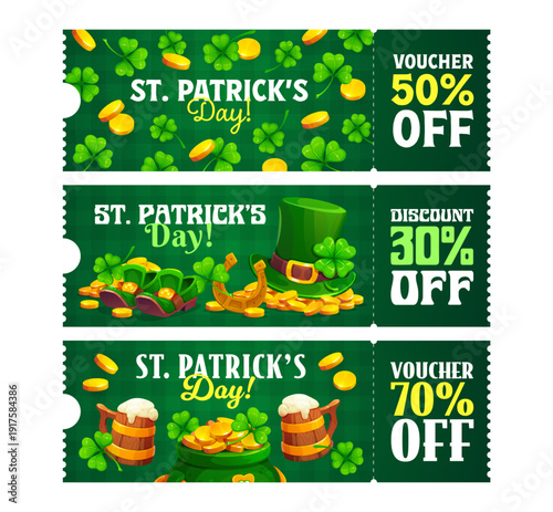 Happy St Patrick's day sale voucher coupons. March season sale vector banner, spring holiday discount card or price off voucher with shamrock clovers, leprechaun hat and shoes, golden coins and beer
