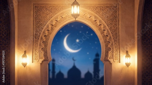 Moonlit Mosque View Through an Ornate Islamic Archway
