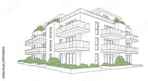 Modern urban apartment building with green roofs in linear style