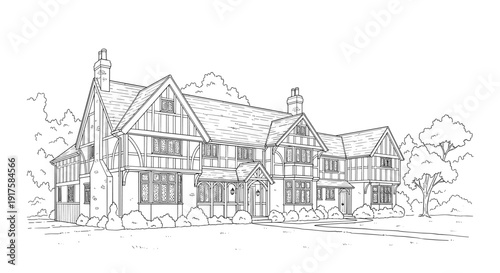 Elegant tudor style house sketch in black and white line art