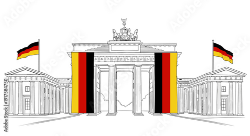 Brandenburg gate with german flags: linear cityscape icon of berlin