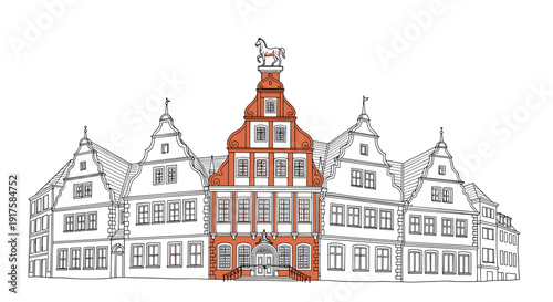 Historic european architecture line drawing with central red building detail