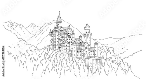 Black and white castle contour with mountain background