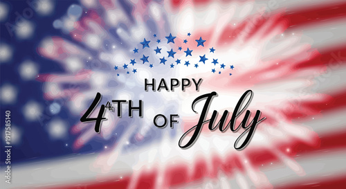 Happy 4th of July greeting card with American flag and fireworks, isolated on transparent background