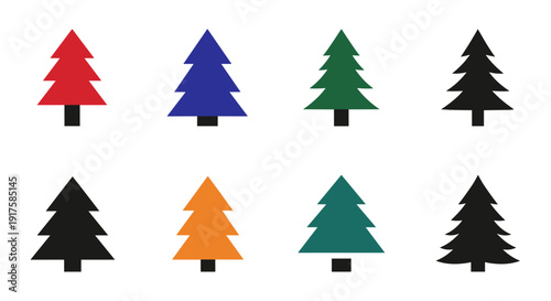 Colorful minimalist evergreen tree set on white background