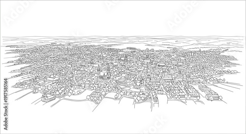 Aerial cityscape line art of historic european town with cathedral