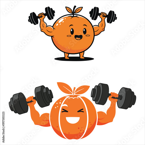 Cute cartoon orange mascot struggling and sweating while lifting a heavy barbell, funny fruit character doing weightlifting, healthy food and fitness vector illustration.