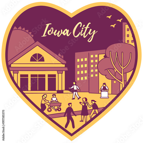 Iowa City Heart Logo with Pedestrian Mall and Modern Architecture