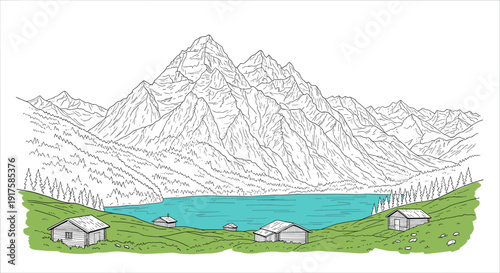 Serene mountain landscape with lake and cabins in hand-drawn style