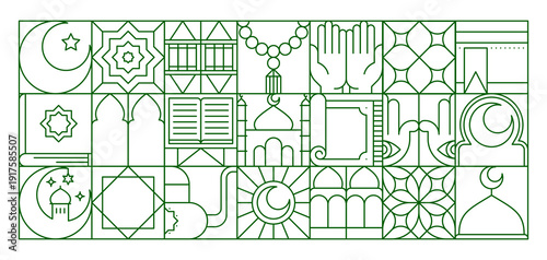 Islam muslim arabic geometric Bauhaus pattern. Islamic religion abstract vector background, Arabic culture green linear pattern. Muslim print with crescent, Koran book, mosque minaret and ornaments