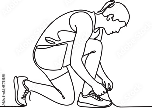 Athlete tying shoelaces before running race one continuous line drawing woman preparing sports