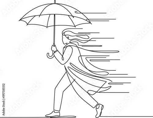 Woman walking with umbrella in wind one line drawing minimalist person strolling through storm