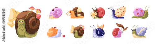 Funny set of kawaii snails. Cute slugs with different emotions and expressions. Gastropod characters with happy, sad, crying and angry faces. Flat isolated vector illustrations on white background