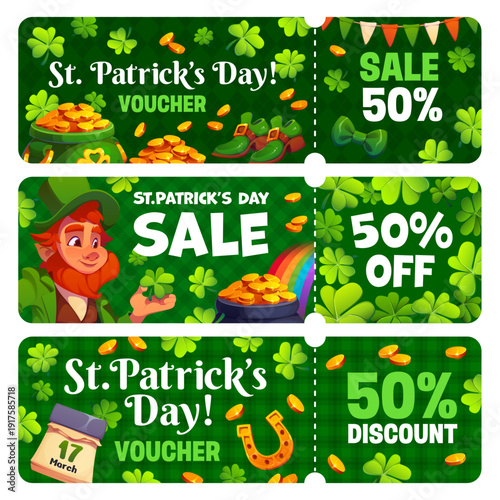 Happy St Patrick's day sale vouchers. Saint Patrick celebration sale vector card, holiday price off flyer or discount voucher with leprechaun character, shamrock clovers, horseshoe and gold in pot
