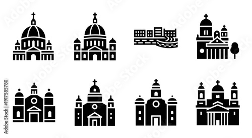 Collection of gothic church silhouette icons in black and white design