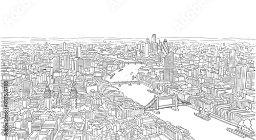 Aerial urban cityscape with river and bridges in linear drawing style