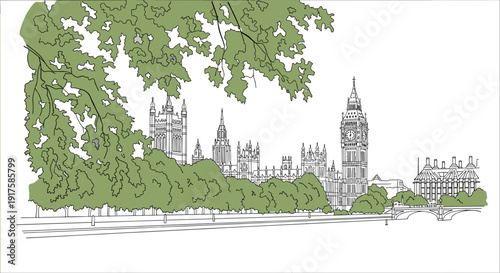 London skyline with big ben and greenery in detailed outline art