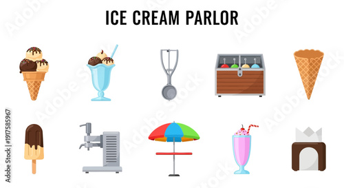 Ten vector icons related to an ice cream parlor arranged in two rows