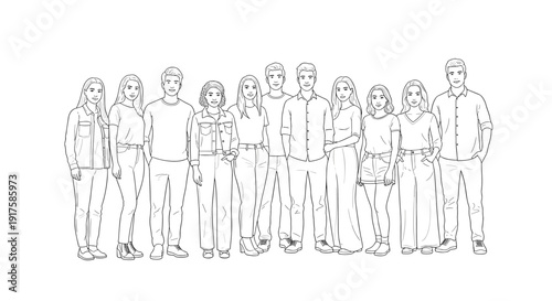 Diverse group of young people standing together in line art style