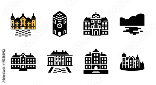 Elegant building icons set: contemporary flat style with minimalist architecture designs