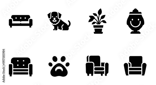 Solid icons of furniture, pets, and home decor elements