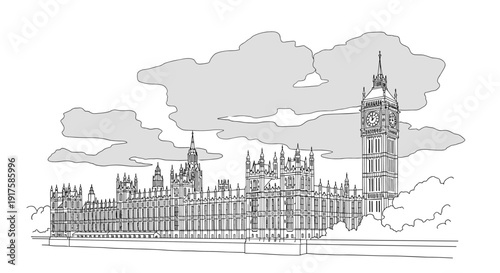 Detailed linear drawing of iconic british landmark with dramatic cloudy sky