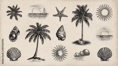 Vintage linocut style illustration featuring tropical palm trees, diverse seashells, suns, and a