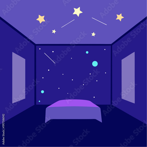 A serene bedroom with a starry night sky