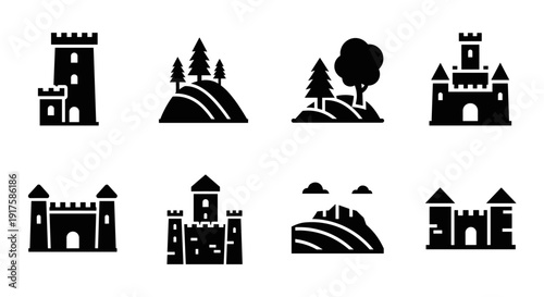 Medieval castle silhouettes with nature elements in black and white