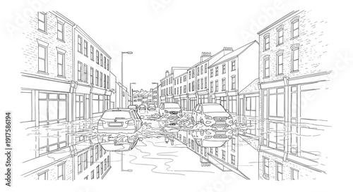 Flooded street in urban setting with reflections in linear style