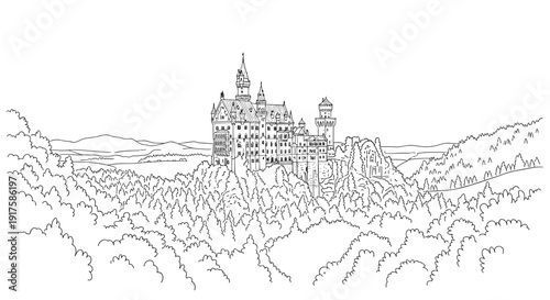 Detailed line art of a mountainous castle landscape surrounded by trees and hills
