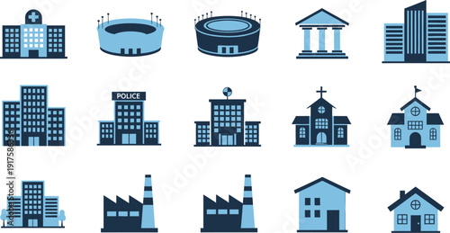 Collection of flat design building icons, featuring various public and private structures on a clean white background.