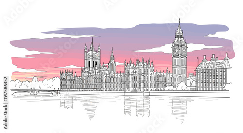 Sunset skyline of london landmarks in fine line art style