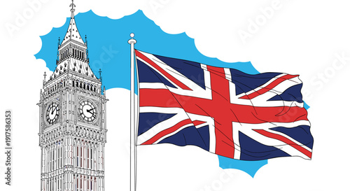 Union jack flag and big ben in colorful design with blue sky backdrop