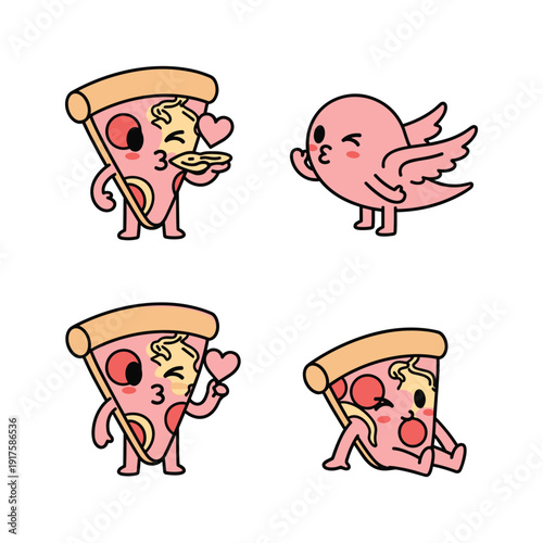 Cute cartoon pizza slices with different emotions and accessories in a minimalist style