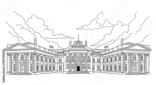 Elegant linear outline of a neoclassical mansion with dramatic cloudy sky