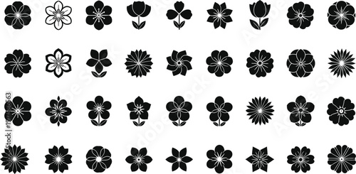 A diverse collection of black and white flower icons and silhouettes arranged in a clean grid pattern.