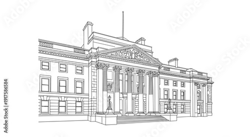 Historic building architecture in detailed linear design with classic columns and symmetrical facade