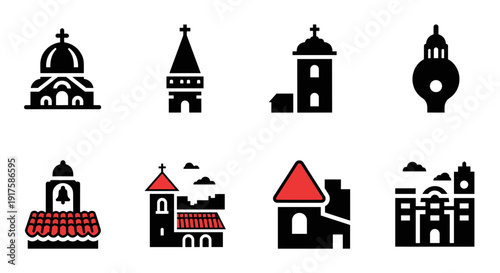 Minimalist church icons set featuring diverse architectural styles