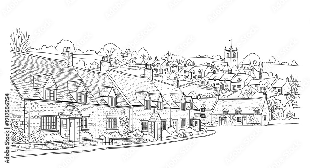 Obraz premium Charming village houses and countryside landscape in linear art style