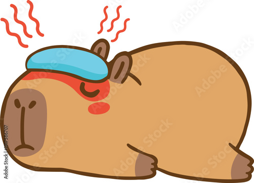 Capybara sick cartoon hand drawn illustration