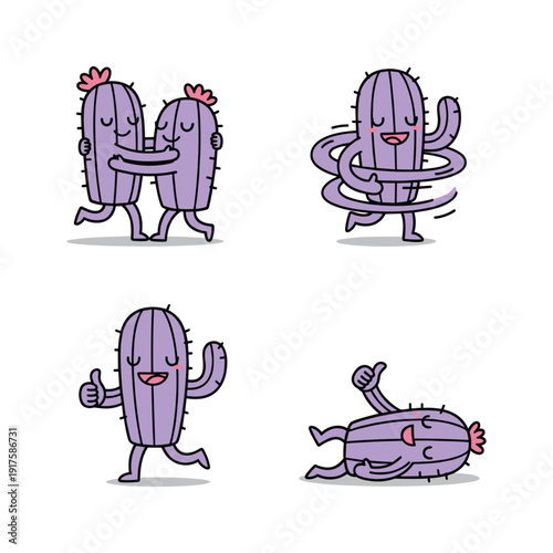 Cute cartoon cacti characters in various poses and emotions on white background