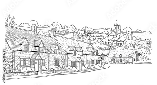 Charming village houses and countryside landscape in linear art style