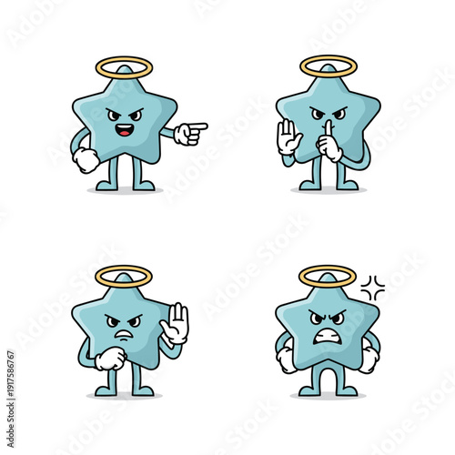 Angry cartoon star character showing different emotions with halo on white background