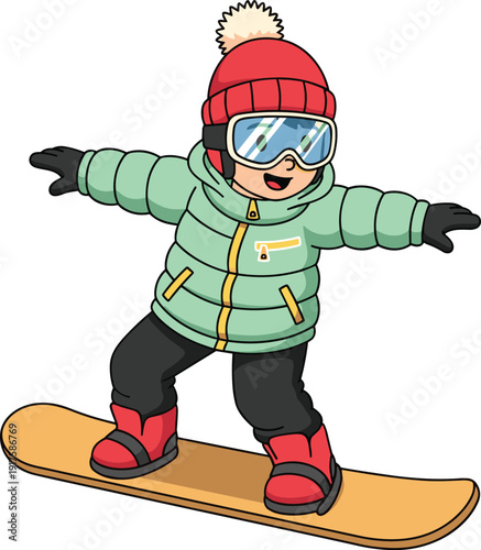 Cute kid snowboarding in winter outfit, happy child snowboarder cartoon vector illustration isolated on white background for winter sports design