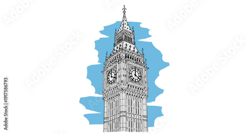 Detailed line art of big ben with blue sky background