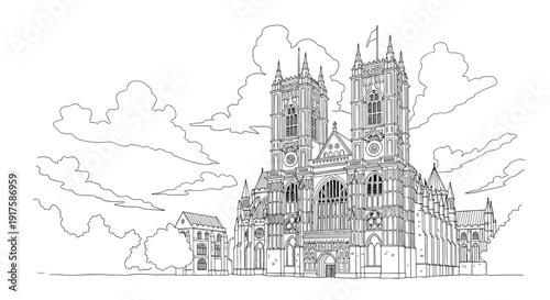 Gothic cathedral line art with dramatic sky and detailed architecture elements